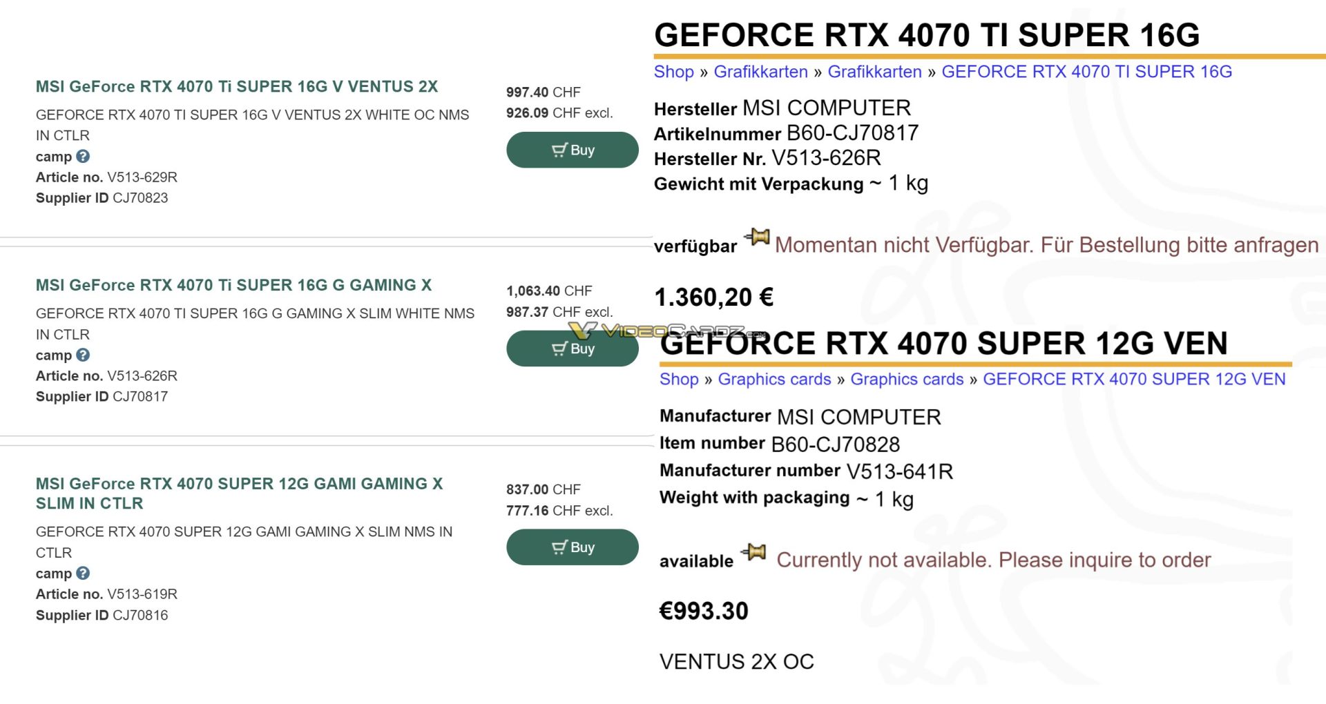 NVIDIA GeForce RTX 4080 SUPER 16 GB, 4070 Ti SUPER 16 GB, 4070 SUPER 12 ...