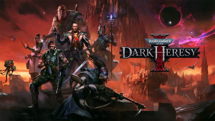 A group of diverse characters holding weapons stand ready in a battle stance under a red sky with the title 'Warhammer 40,000 Dark Heresy' prominently displayed.