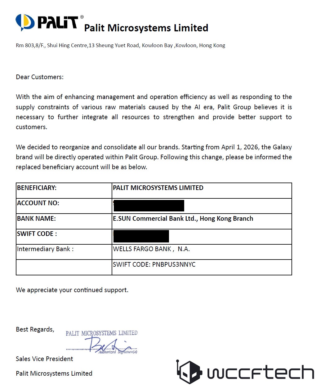 A letter from Palit Microsystems Limited announces that starting April 1, 2026, the Galaxy brand will be operated directly within Palit Group, along with a change in the beneficiary account details.