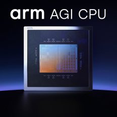 An ARM AGI CPU is displayed against a gradient blue and purple background with the text 'arm AGI CPU' above.