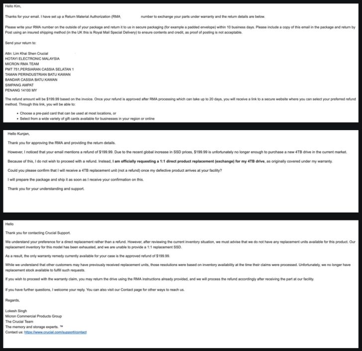 An email exchange between a customer and Micron Crucial Products Group discussing an RMA process, a refund of $199.99, and the unavailability of a 1:1 SSD replacement due to inventory constraints.