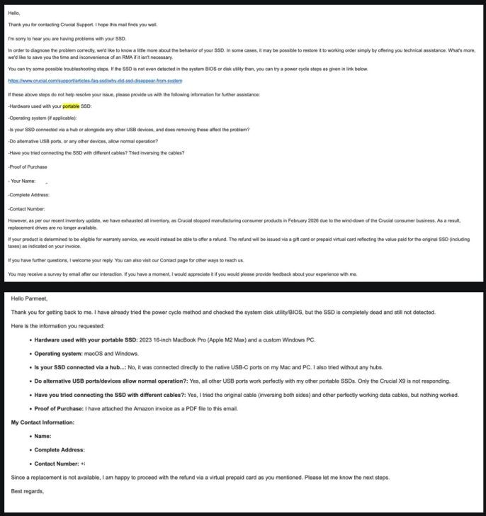An email exchange details troubleshooting steps and communication regarding a non-detected Crucial SSD, including hardware used: a 2023 16-inch MacBook Pro (Apple M2 Max) and a custom Windows PC.