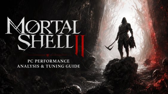 The image shows a silhouetted warrior holding an axe in a dark, eerie environment with the text 'Mortal Shell II' and 'PC Performance Analysis & Tuning Guide'.
