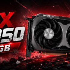 An AMD Radeon graphics card is displayed alongside bold text reading 'RX 9050 4 GB' with a dynamic red and black background.