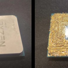 Underside of a destroyed AMD Ryzen 5 3600X CPU with completely flattened bent pins and a warped heat spreader from an eBay return scam