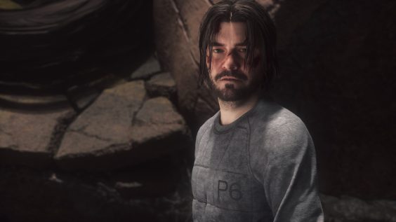 A character from the video game CONTROL Resonant wearing a shirt with 'P6' on it, standing in a rocky environment.