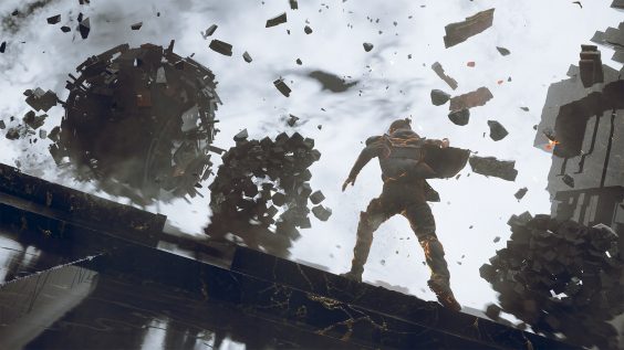 A character in the game 'CONTROL Resonant' stands amidst a chaotic explosion of debris.