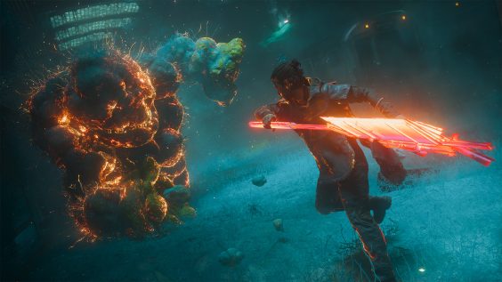 A character in a cyberpunk-themed environment is wielding a glowing red weapon, facing off against a large, molten rock-like creature.