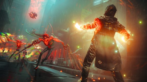 A character in a dark coat with glowing fists faces off against red, monstrous creatures in a rainy, city street setting, with neon lights and debris scattered around.