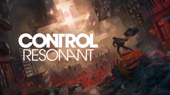 A dramatic scene from the game 'Control: Resonant' shows a character standing on a taxi amidst a cityscape with levitating figures and glowing structures.