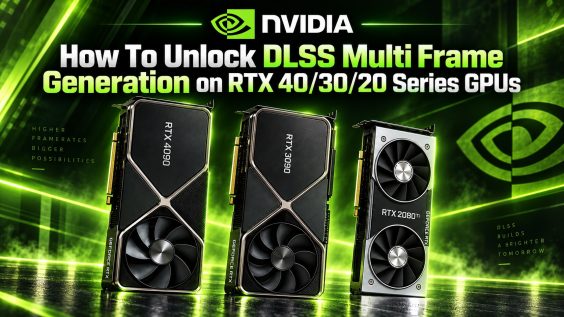 NVIDIA GeForce RTX 4090, RTX 3090, and RTX 2080 Ti graphics cards are displayed under the title 'How To Unlock DLSS Multi Frame Generation on RTX 40/30/20 Series GPUs.'