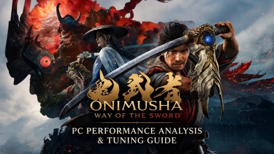 A promotional image for Onimusha: Way of the Sword with characters wielding swords and accompanying text 'PC Performance Analysis & Tuning Guide'.