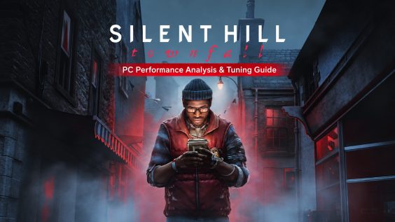 A character stands in a dark alley holding a device with the text 'Silent Hill Townfall' and 'PC Performance Analysis & Tuning Guide' above.