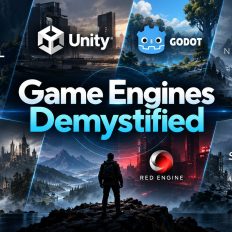 Logos of Unreal Engine 5, Unity, Godot, Northlight, RE Engine, Red Engine, and Snowdrop surrounding the text 'Game Engines Demystified' with a landscape background.