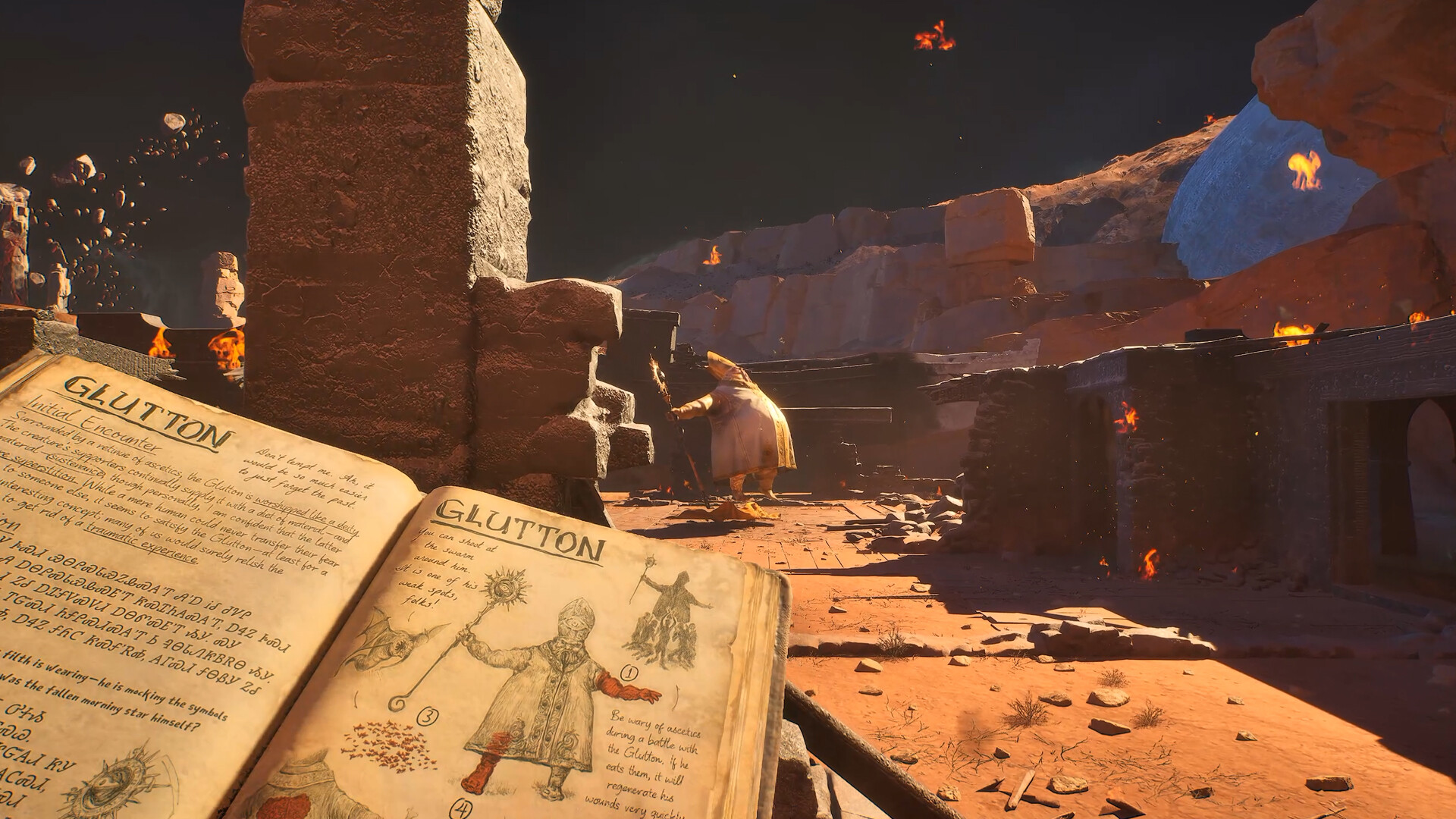A scene from the game 'Lords of the Fallen' shows a character standing in a fiery, ruined landscape with the open pages of a book titled 'GLUTTON' displaying illustrations and text about an encounter.