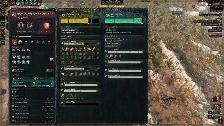 The screenshot from a strategy game interface shows the 'Appalachia Town Council' band details, including council members and health statistics, overlaid on a map with a quest titled 'Bring Down the Brotherhood'.