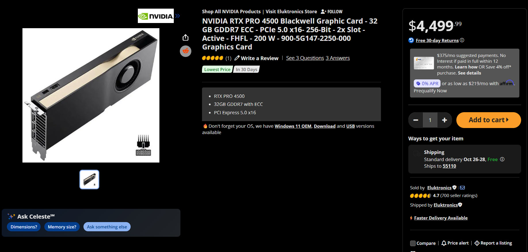 The image shows an NVIDIA RTX PRO 4500 Blackwell graphics card with 32GB GDDR7 ECC memory, PCI Express 5.0 x16, priced at $4,499.99 on an online store page.