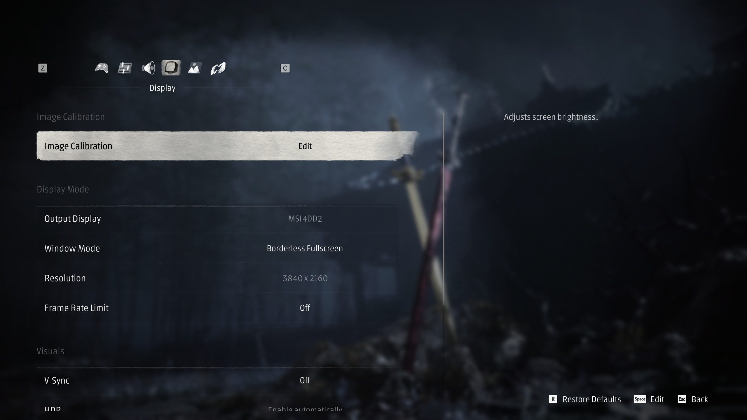 A game settings menu displaying 