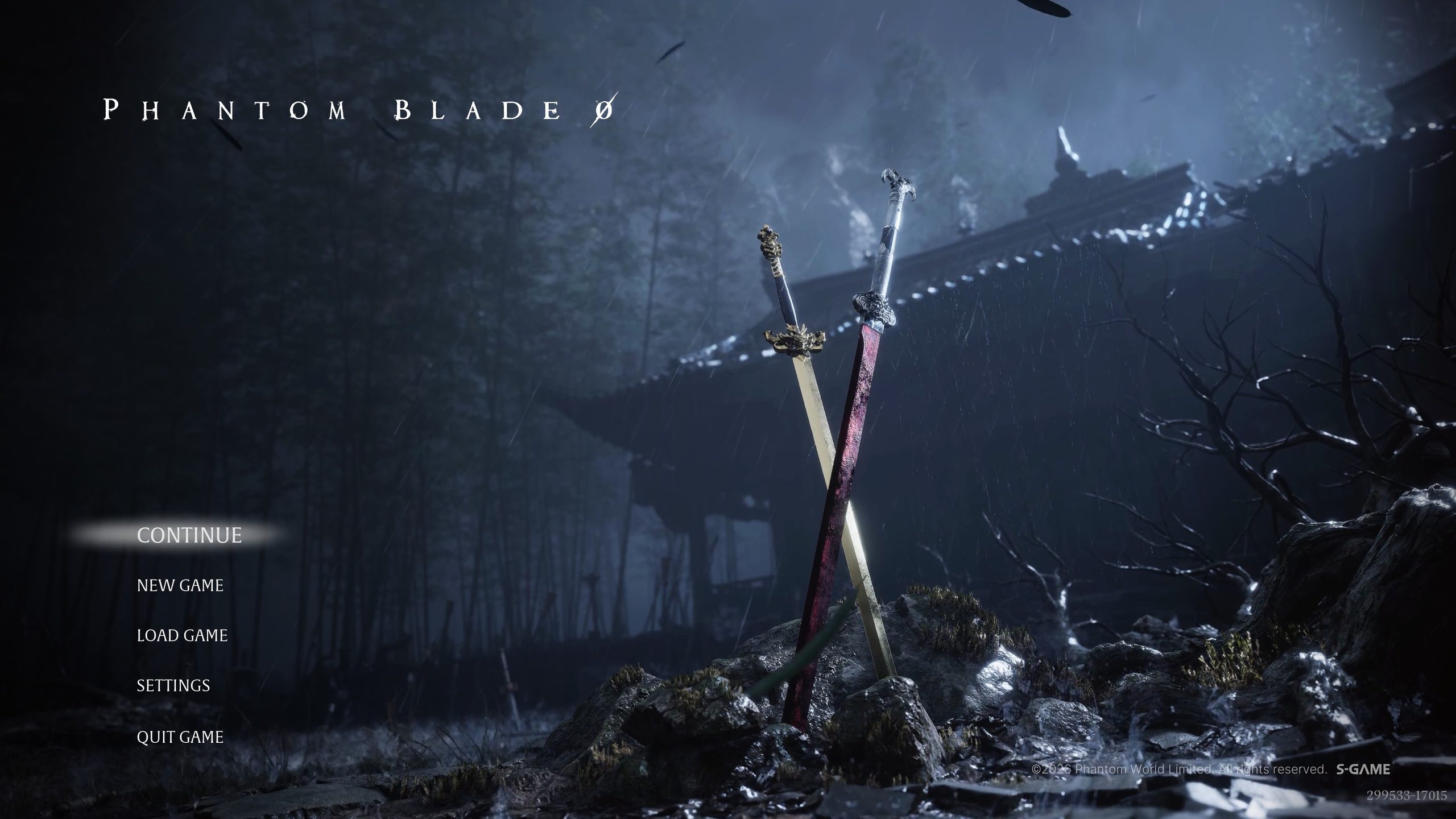 Two swords are crossed in the foreground of a dark, rainy forest scene, with the game title 