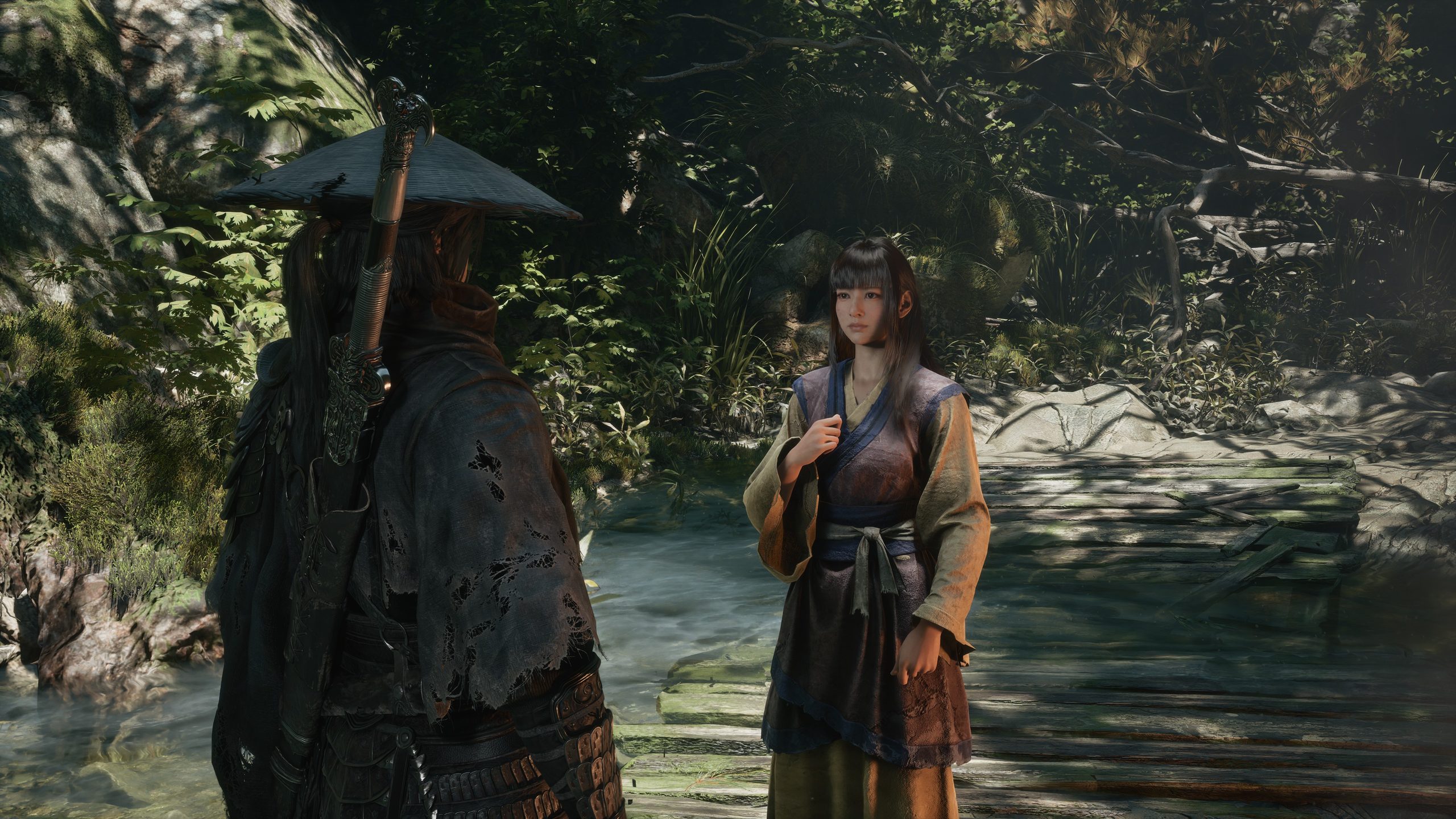 A character in traditional attire stands next to another with a sword in a forest setting in the game Phantom Blade Zero.