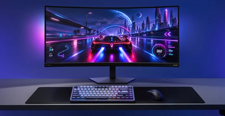 A Philips Evnia monitor displays a futuristic racing game with speed indicators and position details on-screen, paired with a Philips keyboard and mouse on a desk.