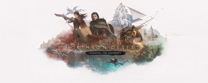 A promotional image for the game Crimson Desert features characters preparing for battle, a ship, and the text 'Charting the Unknown.'