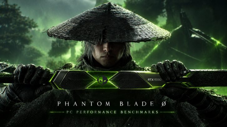 A character in a samurai outfit holds a sword resembling an NVIDIA GeForce RTX 5090 graphics card against a green background with the text 'PHANTOM BLADE Ø PC PERFORMANCE BENCHMARKS.'