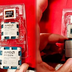 Two AMD Ryzen 9 9950X3D2 processors, labeled as Dual Edition, are shown with one being held and the other in its packaging.