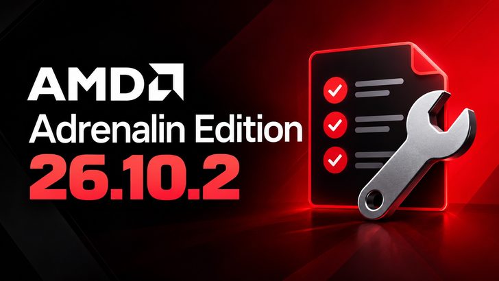 An AMD graphic features the text 'Adrenalin Edition 26.10.2' with a checklist and wrench icon on a red and black background.