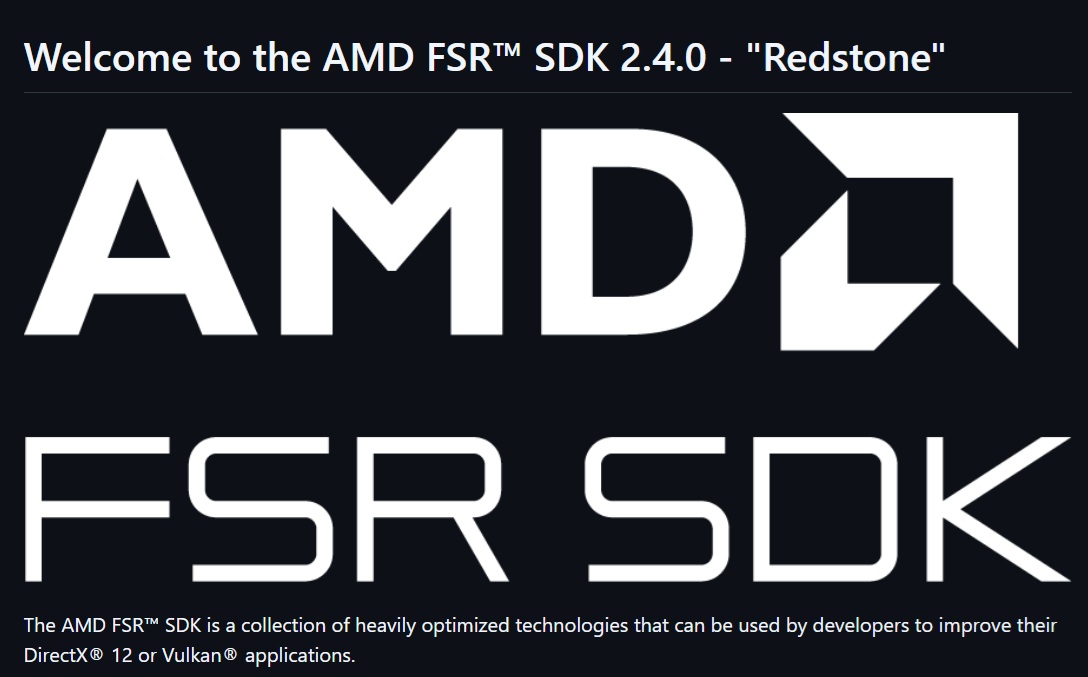 AMD ra mắt FSR SDK 2.4, mở rộng FSR 4.1.2 cho Radeon RX 6000 và Ryzen APU 8 The image displays the text Welcome to the AMD FSR SDK 2.4.0 - 'Redstone' with large AMD FSR SDK branding and a description about its use in enhancing DirectX 12 or Vulkan applications.