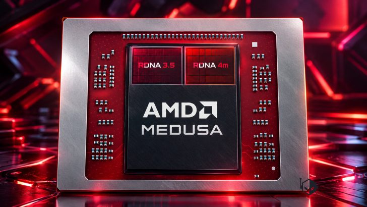 Close-up of an AMD Medusa chip featuring 'RDNA 3.5' and 'RDNA 4m' labels.