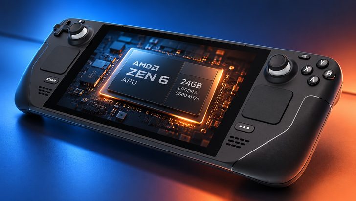 A handheld gaming device displaying an 'AMD Zen 6 APU' image on screen, with additional text stating '24GB LPDDR5 9600 MT/s'.