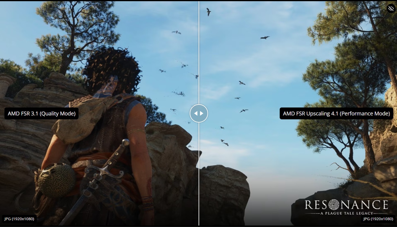 AMD ra mắt FSR SDK 2.4, mở rộng FSR 4.1.2 cho Radeon RX 6000 và Ryzen APU 6 A comparison image shows 'AMD FSR 3.1 (Quality Mode)' on the left and 'AMD FSR Upscaling 4.1 (Performance Mode)' on the right in the game 'A Plague Tale Requiem,' highlighting visual differences in detail and clarity.