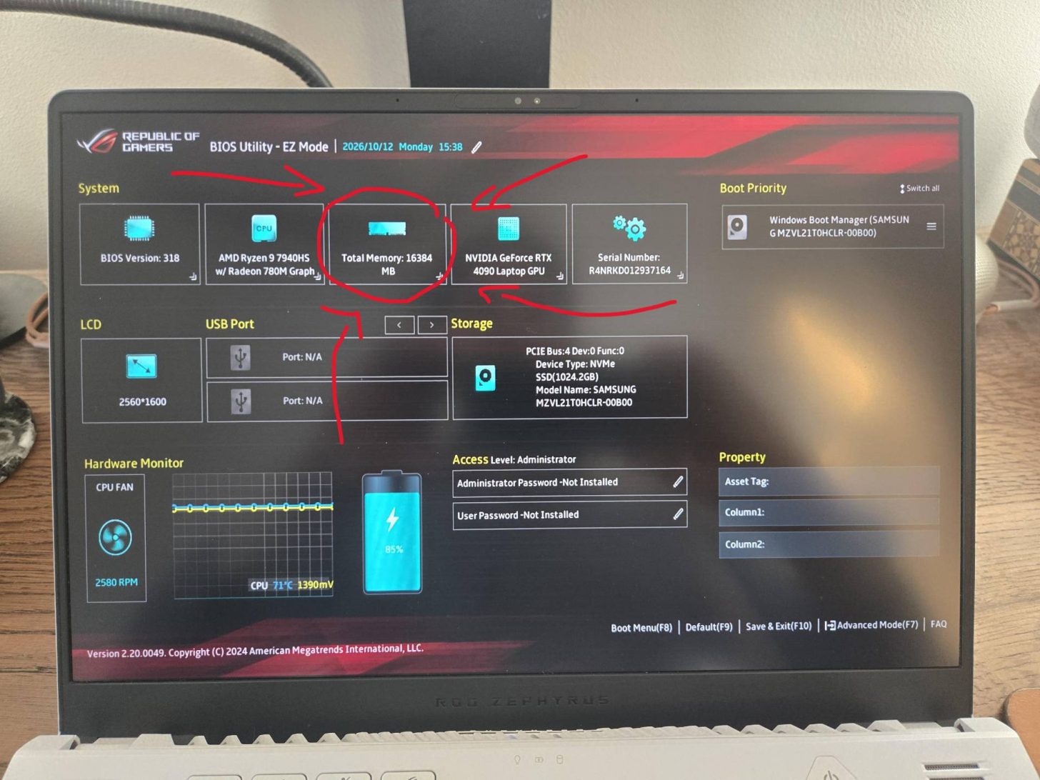 ASUS ROG Zephyrus G14 BIOS displaying RAM discrepancy