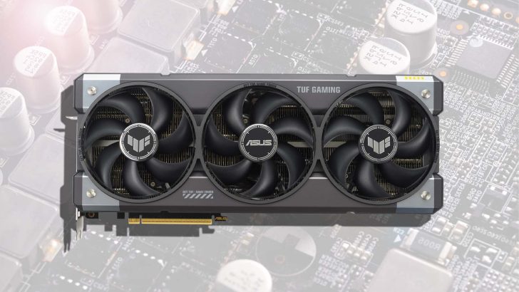 An ASUS TUF Gaming graphics card with triple fans and visible branding on a blurred circuit board background.