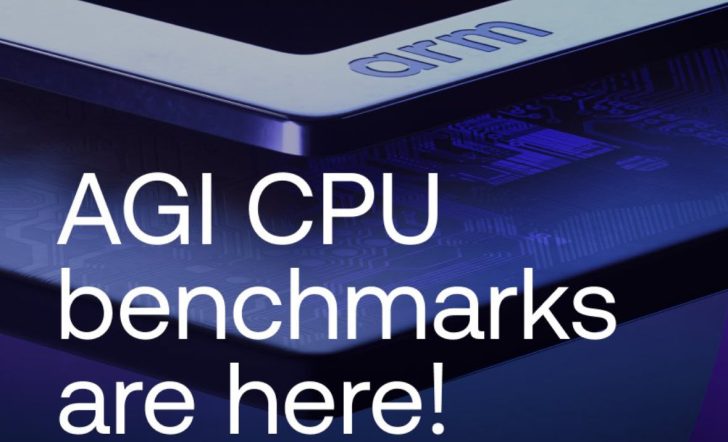 A close-up of an Arm chip with overlaid text 'AGI CPU benchmarks are here!'.