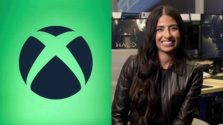 The image shows the Xbox logo on a green background next to CEO Asha Sharma, with 'Halo: The Master Chief Collection' displayed on a monitor behind them.
