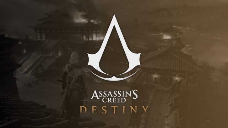 The image shows the 'Assassin's Creed Destiny' logo over a backdrop of an ancient setting with a hooded character standing on a rooftop.