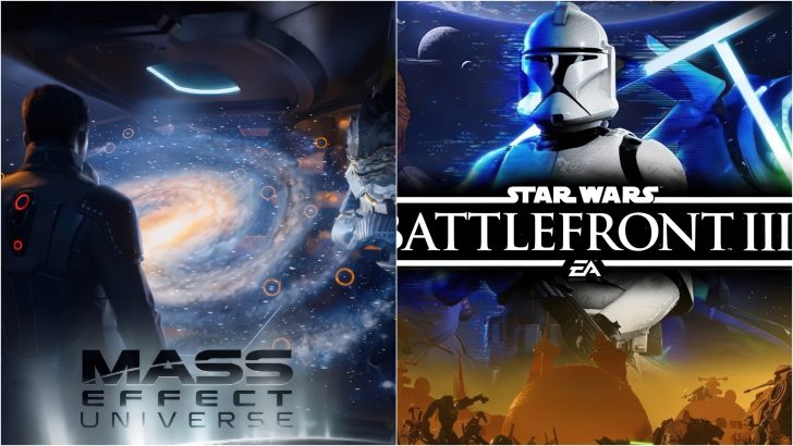 A BioWare split image shows 'Mass Effect Universe' with a character viewing a galaxy, and 'Star Wars Battlefront 3' featuring a clone trooper and lightsaber.