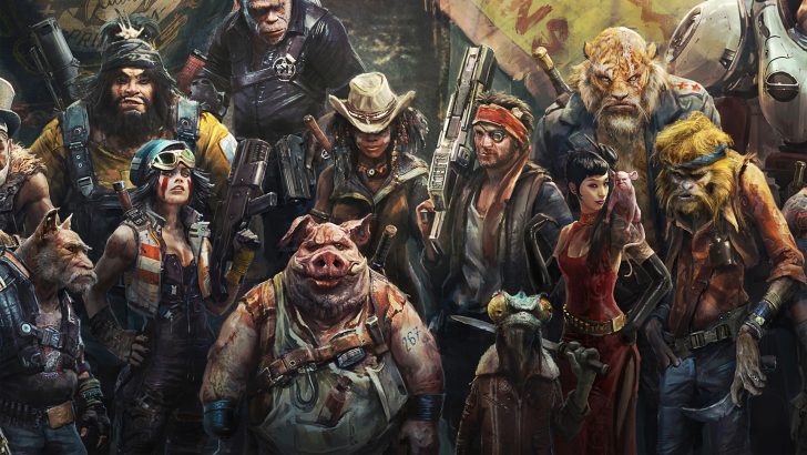 A diverse group of human and animal characters from the game Beyond Good and Evil 2, each with unique appearances and clothing, stand together wielding weapons and gadgets.
