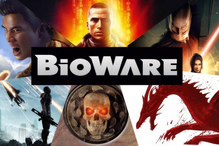A collage featuring the BioWare logo with characters from its popular games, including Baldur's Gate, Dragon Age, Star Wars: Knights of the Old Republic, Mass Effect, and Jade Empire.