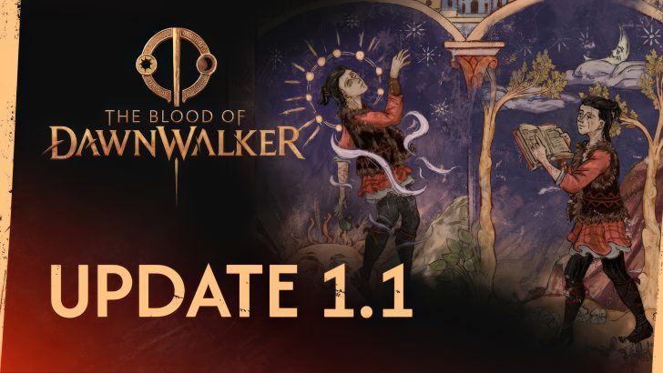 Artwork for the game 'The Blood of Dawnwalker' featuring two characters in a medieval style with on-image text 'UPDATE 1.1'.