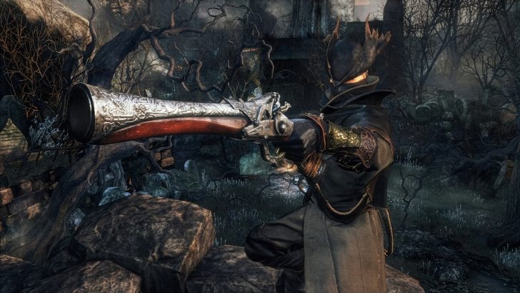 A character wielding an ornate firearm in the game 'Bloodborne' set in a dark, gothic landscape.