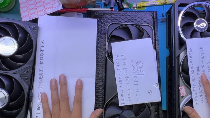 An unbranded graphics card, an ASUS ROG graphics card, and an NVIDIA RTX graphics card are displayed side by side with handwritten notes laid on top.