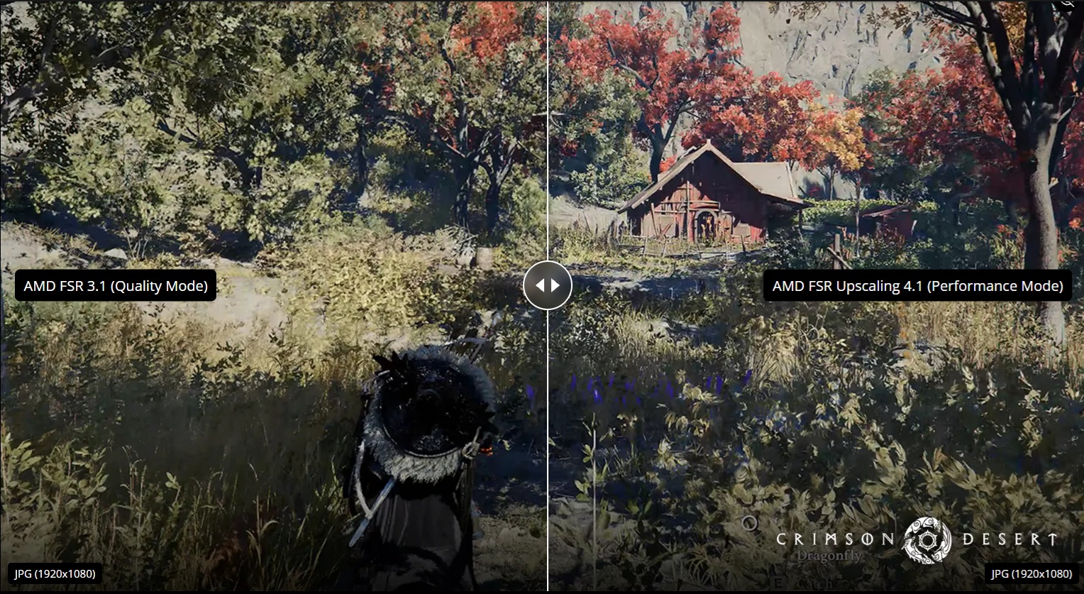 AMD ra mắt FSR SDK 2.4, mở rộng FSR 4.1.2 cho Radeon RX 6000 và Ryzen APU 5 A split-screen image from the game 'Crimson Desert' compares 'AMD FSR 3.1 (Quality Mode)' on the left with 'AMD FSR Upscaling 4.1 (Performance Mode)' on the right.