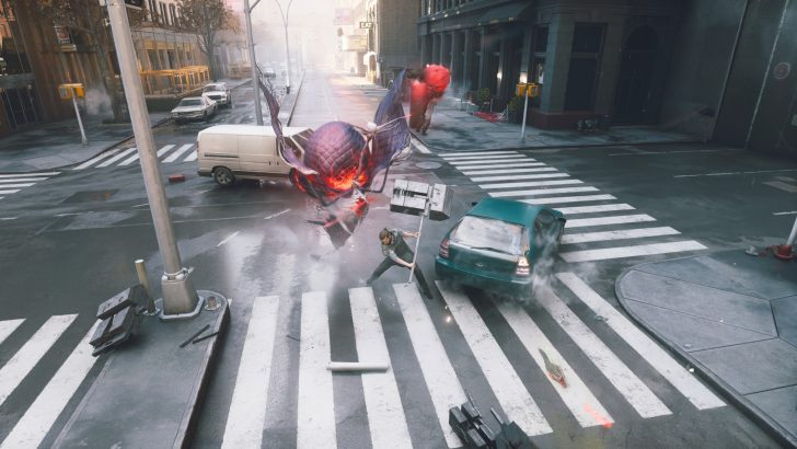 A character in 'Control' uses telekinetic powers to battle a red, glowing enemy in the middle of a city street.
