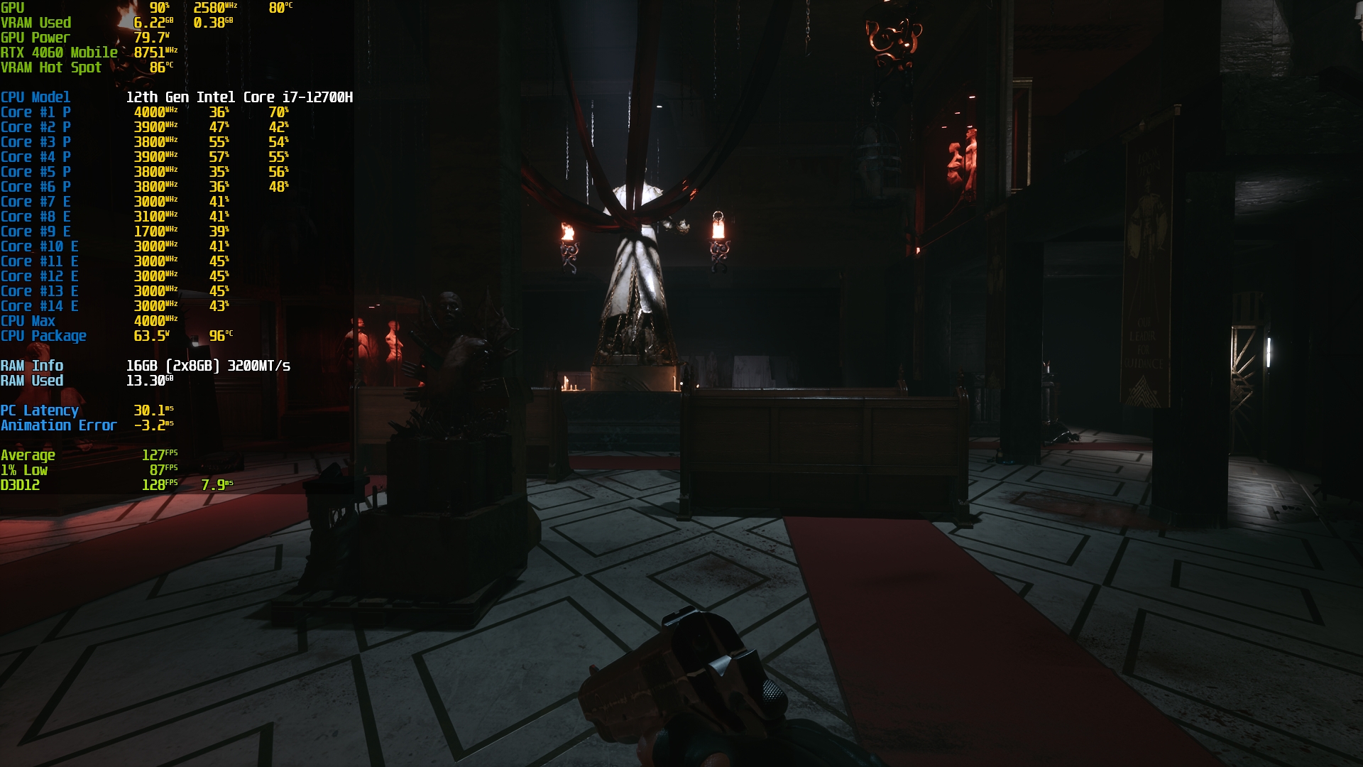 A scene from a game shows a character holding a weapon in a dimly lit room with performance metrics displayed, indicating '12th Gen Intel Core i7-12700H' and 'NVIDIA RTX 4060 Mobile', highlighting 127 FPS average and temperatures up to 96°C.