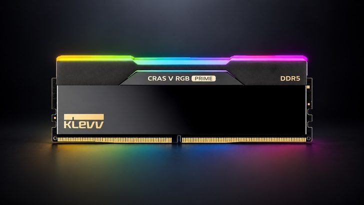 A Klevv CRAS V RGB PRIME DDR5 RAM module with a glowing multicolor RGB top.