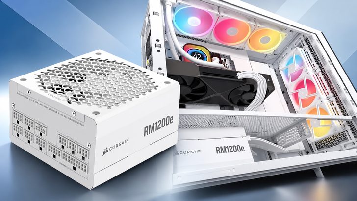 A Corsair RM1200e power supply is shown next to a white gaming PC case with RGB fans and cables.