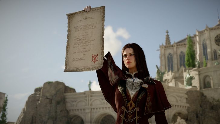 A character in 'Crimson Desert' holds up a parchment with intricate text before an ornate building.